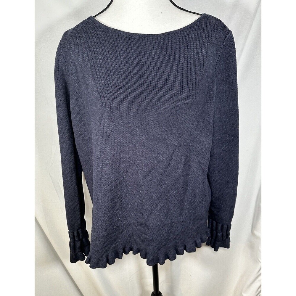 Ann Taylor Knit Sweater Navy Top Women's Size XLarge Ruffle Sleeve Hem Boat Neck